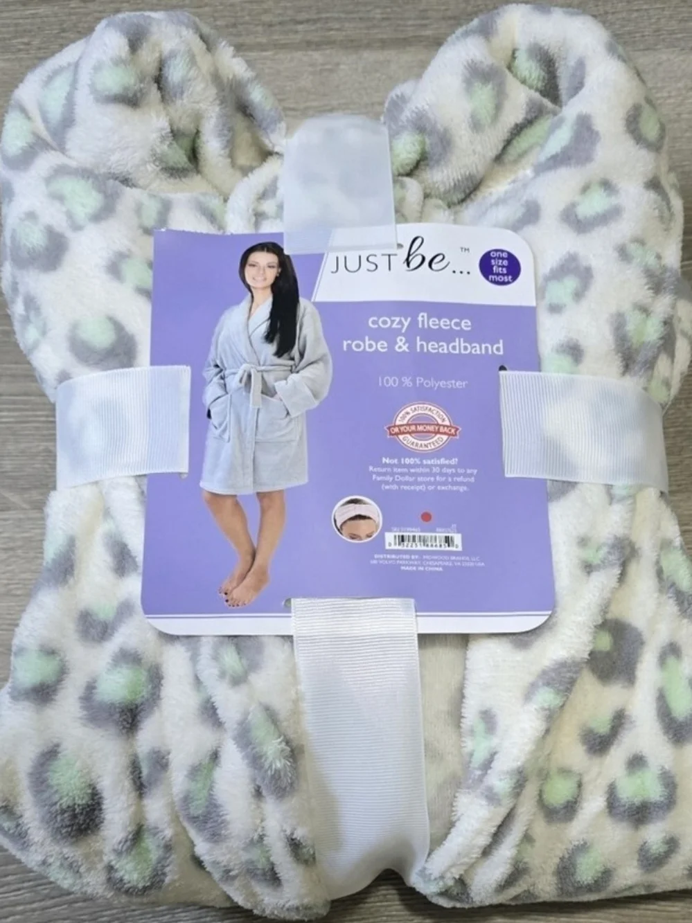 Cozy Fleece  Robe & Headband in Gray and Mint Leopard